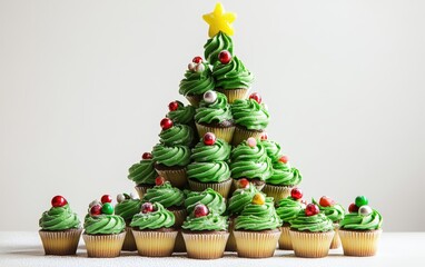 Fototapeta premium Cupcake Christmas Tree â?“ A tree formed by arranging cupcakes with green frosting and candy decorations. Playful and festive, white background.