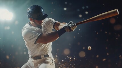 A baseball player swings a bat, capturing the dynamic action of the sport in a dramatic setting.