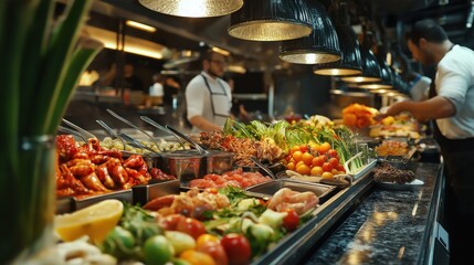 Obraz premium People group catering buffet food indoor in restaurant with meat colorful fruits and vegetables. world winning photo created by ai