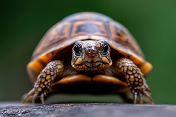 Obraz premium A close-up of a tortoise reveals its intricate shell and gentle expression, showcasing the beauty and resilience of wildlife in a tranquil natural setting.