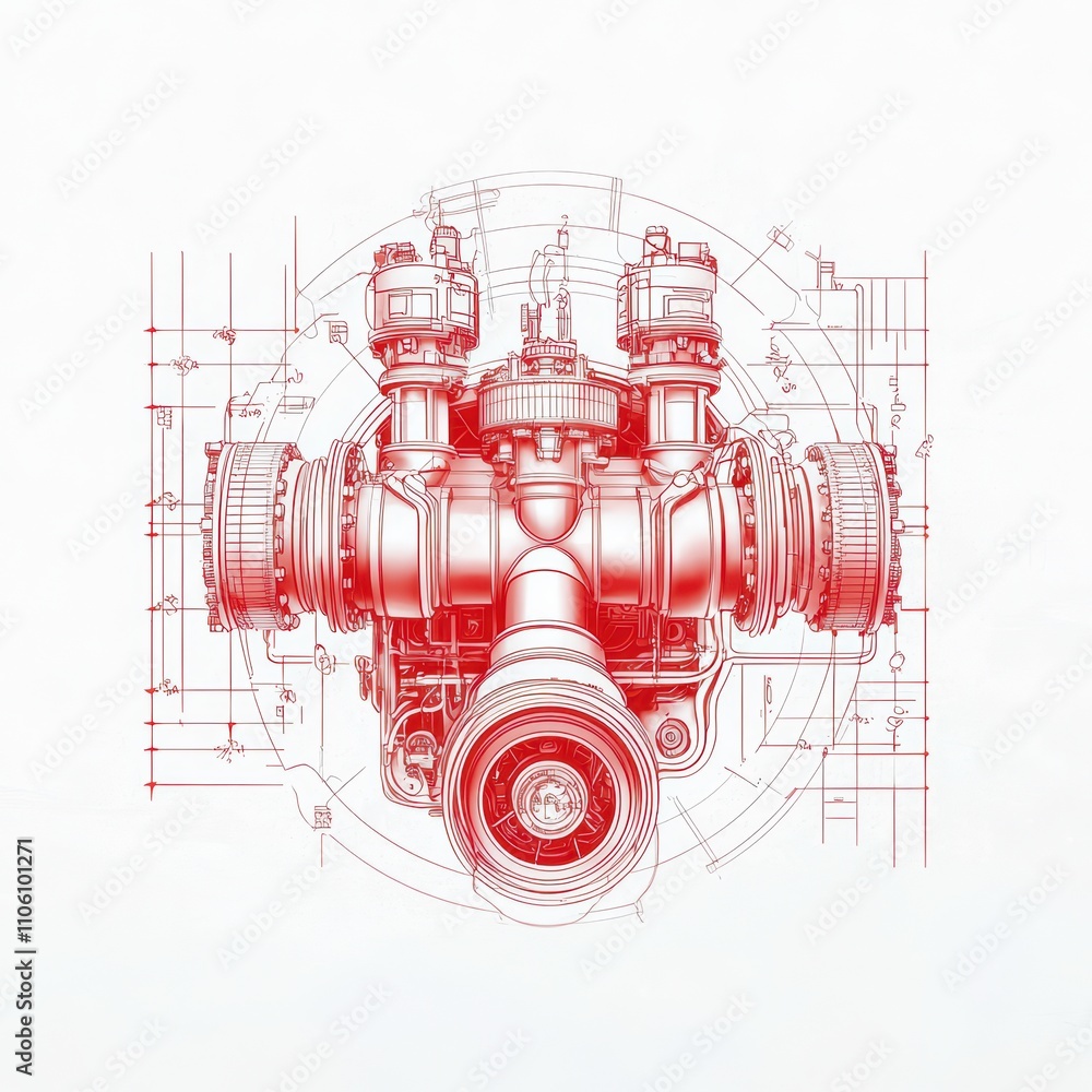 Poster technical drawing of a mechanical component, detailed design on white isolate background.