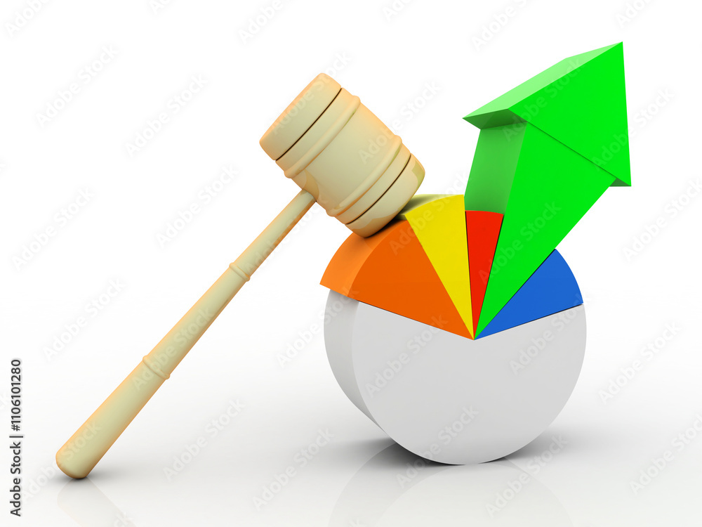 Poster 3d rendering pie chart with hammer