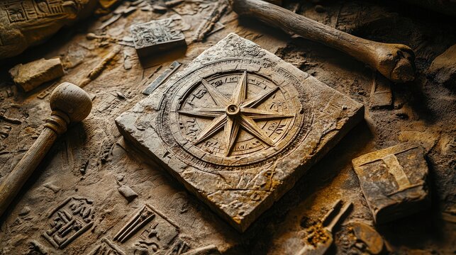 Artistic representation of square and compass, surrounded by ancient tools like mallet and chisel, resting on richly detailed stone surface with symbols of knowledge faintly etched into background.