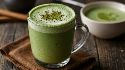Frothy matcha latte beverage.