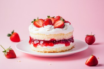 Donut with whipped cream and strawberry berry and red jam on top isolated on a pink background. Copy space for text. Delicious glazed strawberry donut. Doughnut sugar, fresh strawberries slices