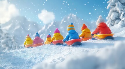  Group of children sledding down a snowy hill with colorful winter jackets, surrounded by bright blue skies and snow-covered mountains.