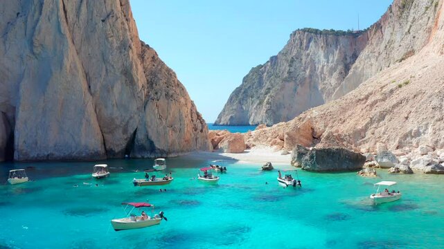 Motorboat Rentals Charter a Motor Yacht and explore Greece. Small pleasure fun boats on beach in Greek island of Zakynthos. Akra Keri Zante. Mizithres Rock