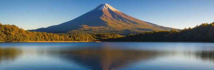 Fototapeta premium A volcanic mountain bathed in the morning light, its reflection shimmering in the tranquil waters of a lake