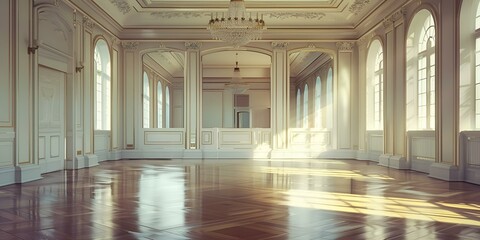 Fototapeta premium a large room with a chandelier and hardwood floor.