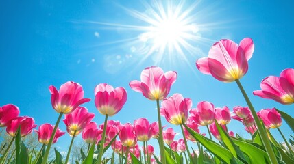 Fototapeta premium Vibrant Field of Blooming Pink Tulips Under Sunlit Sky