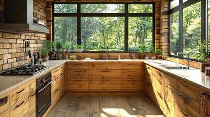 Modern kitchen with wooden cabinets and large windows overlooking a lush outdoor landscape