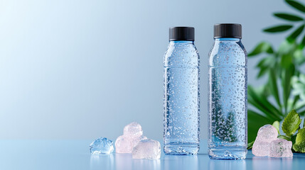Refreshing water bottles with ice cubes and mint leaves on blue background evoke sense of hydration and vitality. Perfect for sports and outdoor activities