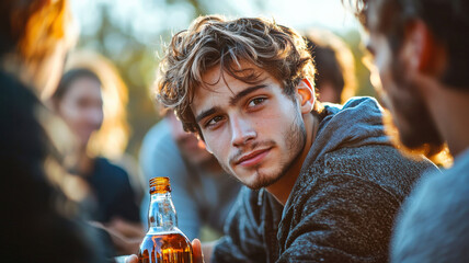 A teenage boy hesitantly reaching for a bottle of alcohol offered by peers, illustrating peer pressure and the challenges of resisting social influence.