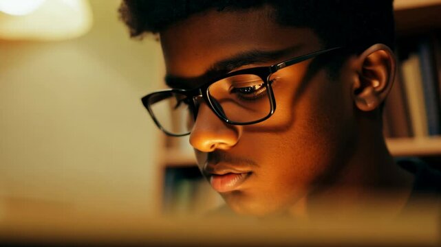Young African American male student with eyeglasses reading the book in a library. A studious young man with glasses immersed in a book, surrounded by the quiet ambiance of the library.