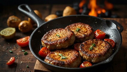 Frying pan with sizzling meat cutlets.