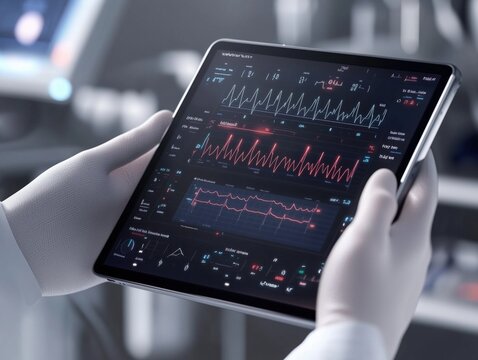 A person is holding a tablet with a screen displaying a graph of heart rate. Concept of importance and urgency, as the person is likely monitoring the patient's vital signs - Powered by Adobe