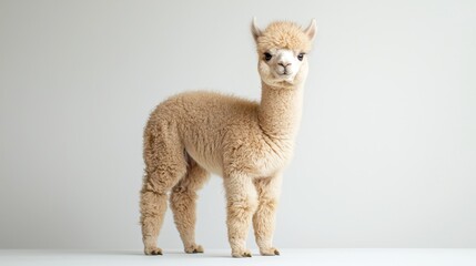 Fototapeta premium Adorable Baby Alpaca with Fluffy Fur Standing on White Background
