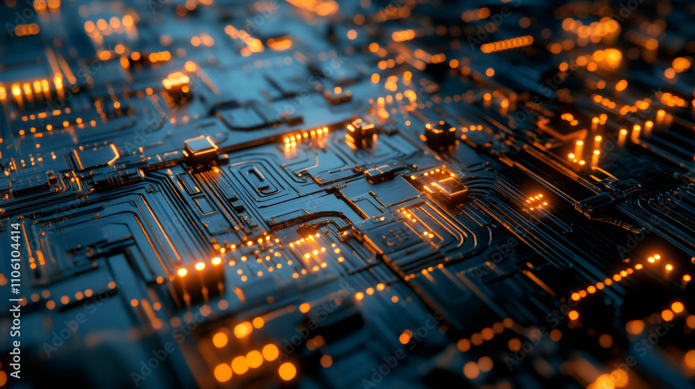 Aufkleber complex electronic circuit board with integrated circuits and glowing orange lights, representing ad