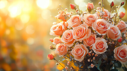 Vibrant bouquet of pastel roses in soft sunlight at a serene garden setting during golden hour. Generative AI