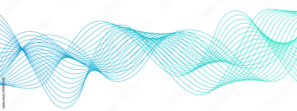 Poster Horizontal green wave on white background. Abstract wavy lines. Futuristic tech background with Curved wavy line. seamless wave pattern glowing science flowing line graphic template