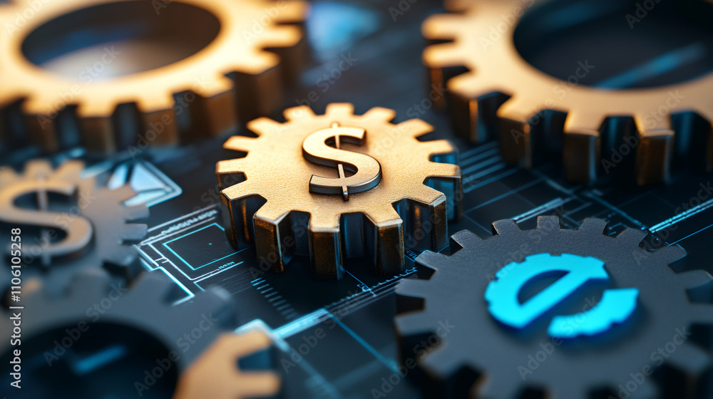 Poster interconnected gears representing the relationship between traditional finance and the digital econo