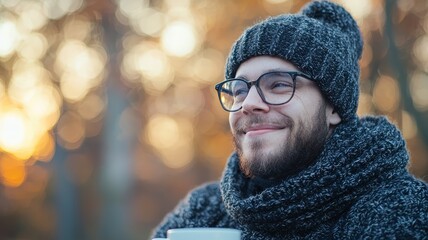 working in cafe with smile concept. Smiling man in winter attire holding a cup outdoors at sunset.