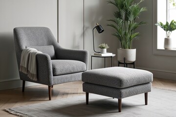 Fototapeta premium Soft Grey Boucle Chair and Ottoman in a Minimalist Scandinavian Lounge Design