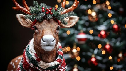 Christmas reindeer in a knitted scarf and with Christmas tree garland on his head Christmas card with dark background with bokeh effect Holiday banner