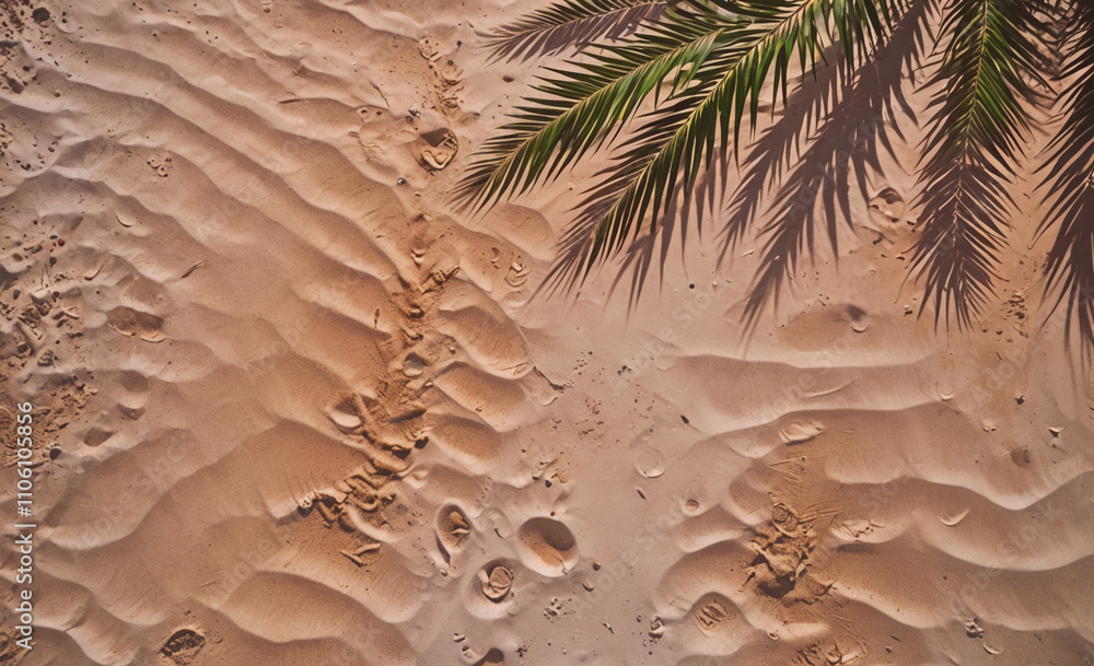 Poster palm tree is in the sand with its leaves casting a shadow. the sand is brown and the palm tree is in