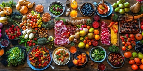 Fototapeta premium People group catering buffet food indoor in restaurant with meat colorful fruits and vegetables. world winning photo created by ai