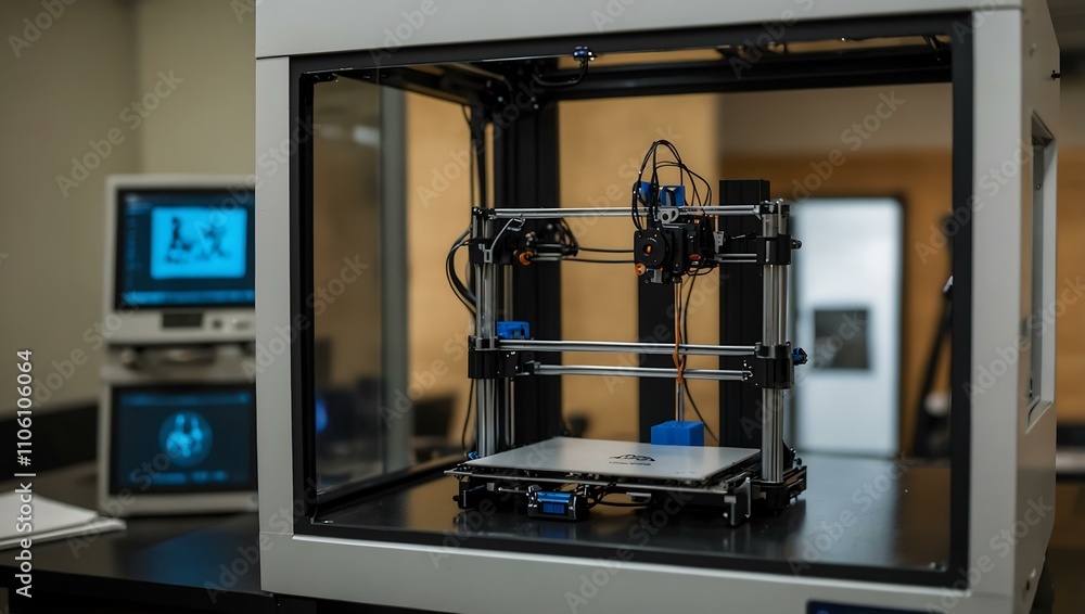 Poster future lab scenario with a 3d printer in action.