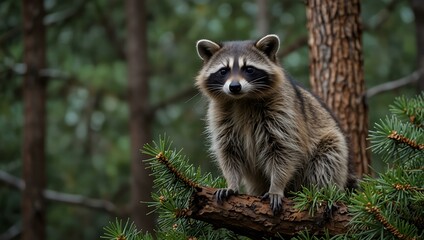 Obraz premium Furry raccoon perched in a pine tree.