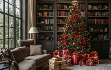 Obraz premium Library Warmth A home library with built-in bookshelves, a cozy reading nook, and a tall Christmas tree decorated in red and gold, with gift boxes wrapped in vintage-style paper