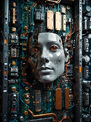 Futuristic AI robot with exposed circuits.