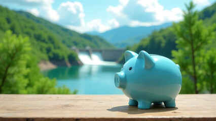 Fototapeta premium Piggy bank and a glass of water stand on a wooden table against the backdrop of a picturesque mountain landscape with a dam and a river. The concept of careful use of resources, conservation of nature