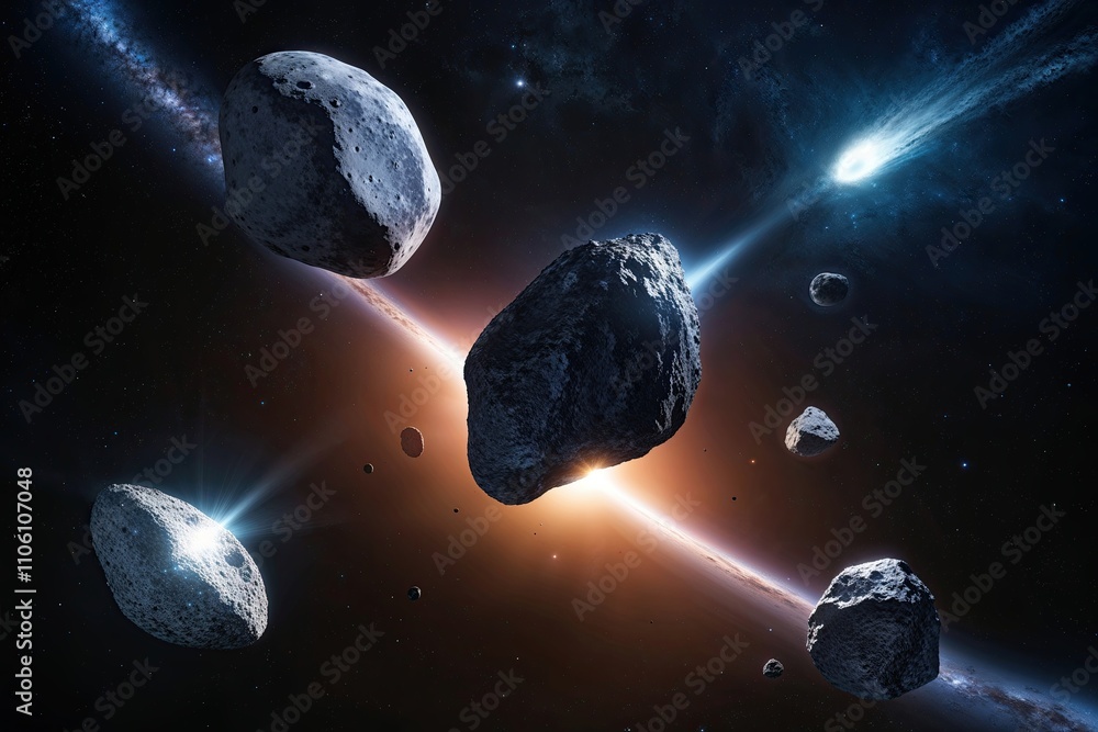 Poster asteroid and comet creation in space featuring shimmering isolated rocks
