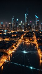 Fototapeta premium Futuristic business network with luminous connections in a cityscape.