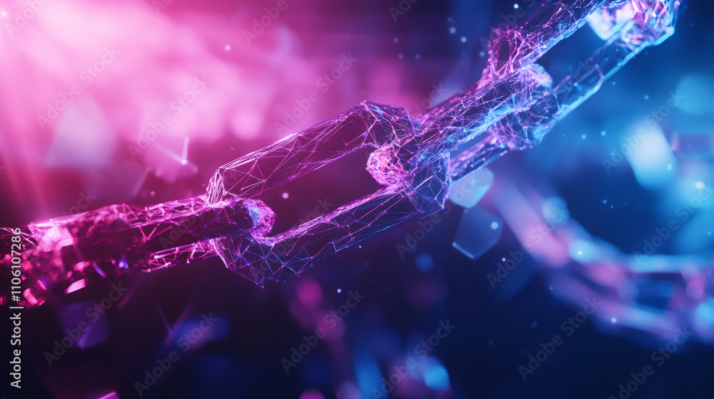 Poster creating a secure and futuristic network with blockchain technology and glowing neon lights
