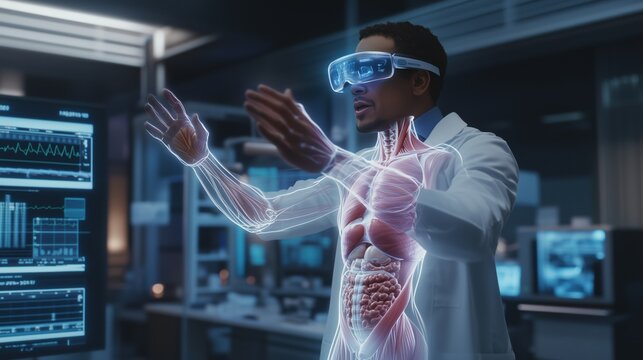 A man in a white lab coat is using a virtual reality headset to view a 3D model of a human body