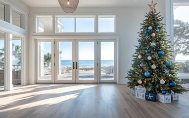 Modern Coastal A bright coastal-style home with light wood floors, a Christmas tree adorned with sea-themed ornaments in blues and whites, and a view of the ocean through large glass doors