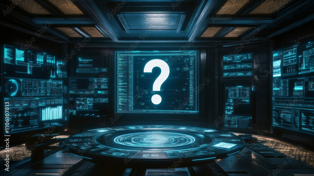 Poster giant question mark displayed on a screen in a futuristic command center with holographic control pa