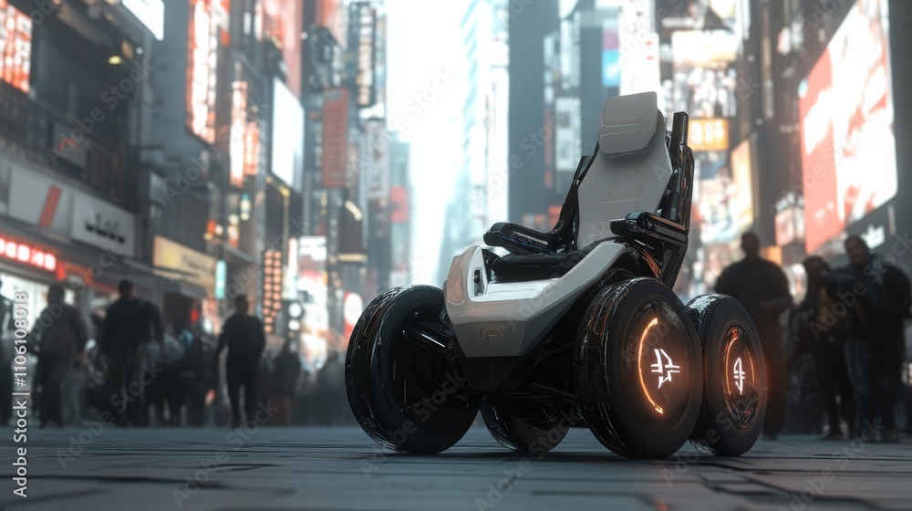 Aufkleber an innovative electric transport vehicle stands in the middle of a crowded urban environment, showca
