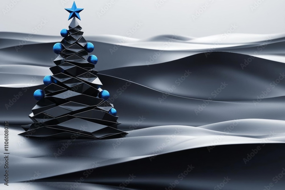 Poster minimalistic black background with a simple christmas tree made of hexagons and blue lights on the l