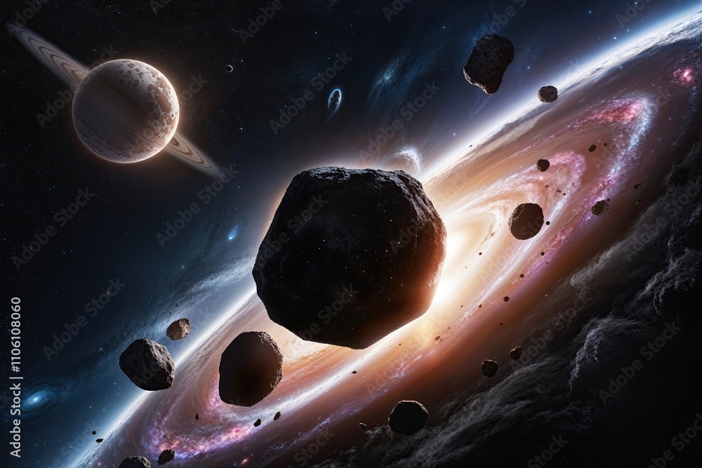 Poster asteroids and comets orbiting in outer space cluster