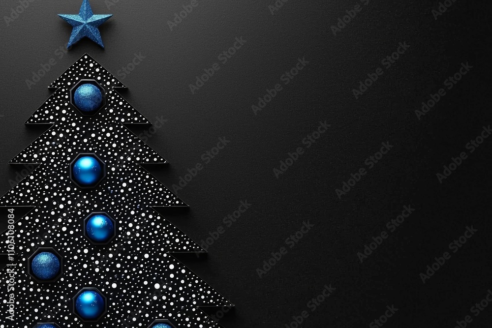 Poster minimalistic black background with a simple christmas tree made of hexagons and blue lights on the l