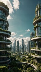 Futuristic cityscape with circular buildings and greenery-covered skyscrapers.