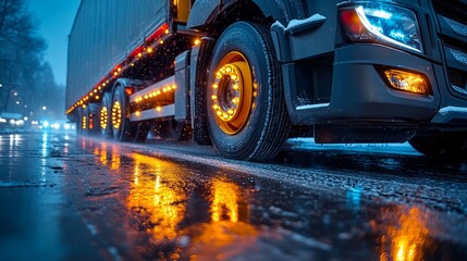 Obraz premium A truck navigates through glistening streets during a rainy night, its vibrant lights reflecting on the wet pavement, creating a captivating atmosphere