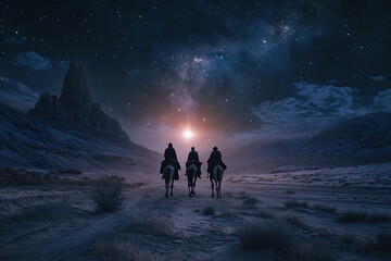 Three wise men on camels, journeying through a moonlit desert under a radiant star. Ideal for Christmas cards, religious content, and holiday illustrations