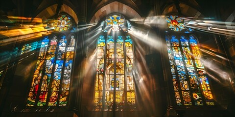 a light shining through a stained glass window.

