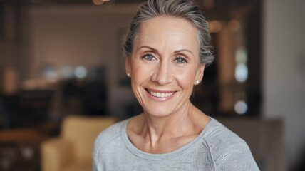 Headshot of a radiant middle-aged woman smiling brightly indoors. The cheerful woman, with a healthy and confident smile, appears delighted as a new renter, tenant, or buyer Generative aI